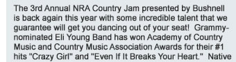 The 3rd Annual NRA Country Jam presented by Bushnell is back again this year with some incredible talent that we guarantee will get you dancing out of your seat!  Grammy-nominated Eli Young Band has won Academy of Country Music and Country Music Association Awards for their number 1 hits Crazy Girl and Even If It Breaks Your Heart. Native Texan and outdoor enthusiast Kevin Fowler will kick off the show. 